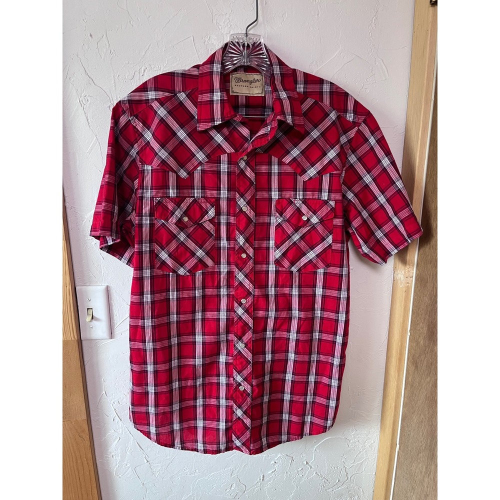 Wrangler Mens Western Short Sleeve Pearl Snap Plaid Shirt Red White Black Medium